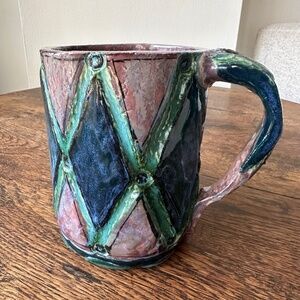 Vintage Multicolored Circus Decor Large 22 oz Handmade Pottery Mug 5 1\4 inch